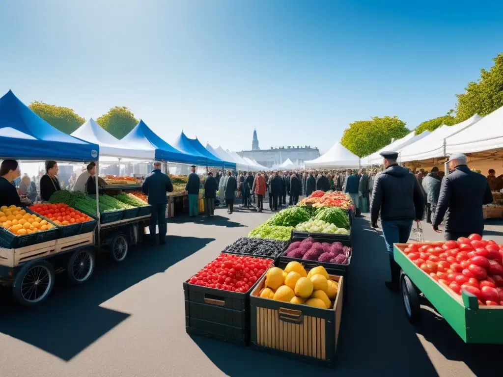 Un mercado vibrante y bullicioso con puestos rebosantes de frutas y verduras orgánicas rodeado de personas hablando sobre sostenibilidad y veganismo