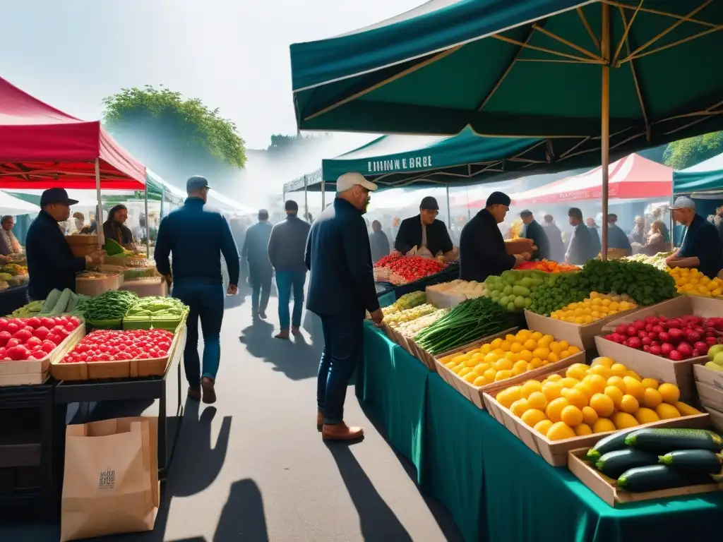 Un mercado agrícola vibrante y bullicioso con puestos coloridos rebosantes de frutas y verduras orgánicas frescas