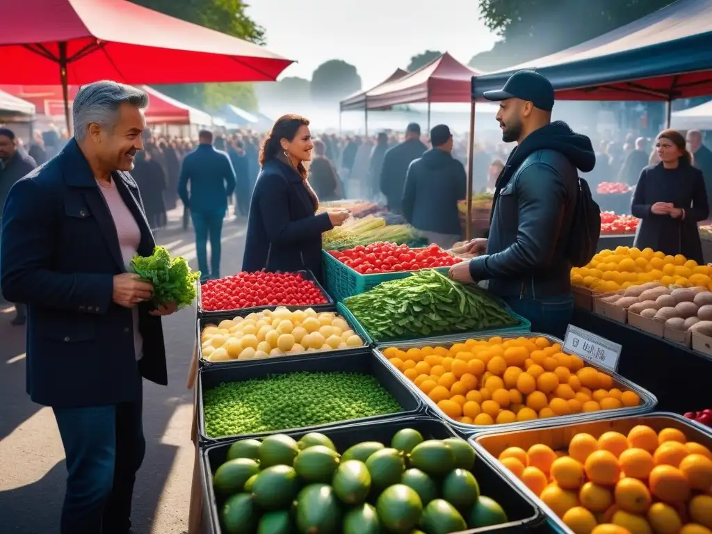 Un mercado agrícola vibrante y bullicioso con puestos coloridos rebosantes de frutas y verduras frescas