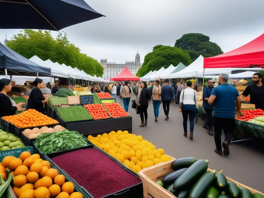 Un mercado vibrante y bullicioso con puestos coloridos rebosantes de productos frescos y veganos