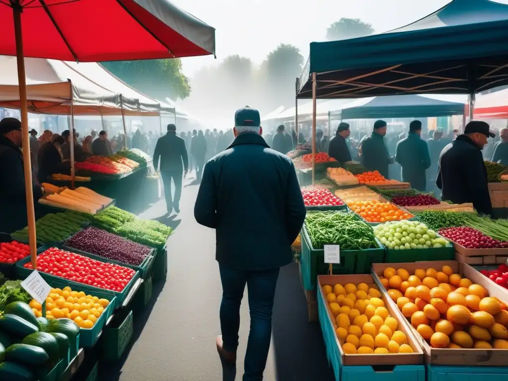 Un mercado agrícola vibrante y bullicioso con puestos de frutas y verduras frescas y orgánicas