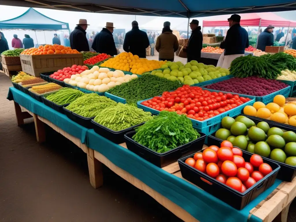 Un mercado agrícola vibrante y bullicioso, rebosante de frutas y verduras recién cosechadas y coloridas