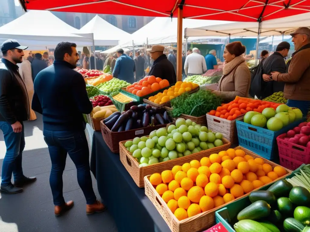 Un mercado vibrante y bullicioso con una variedad de frutas y verduras frescas y coloridas en cestas y expositores