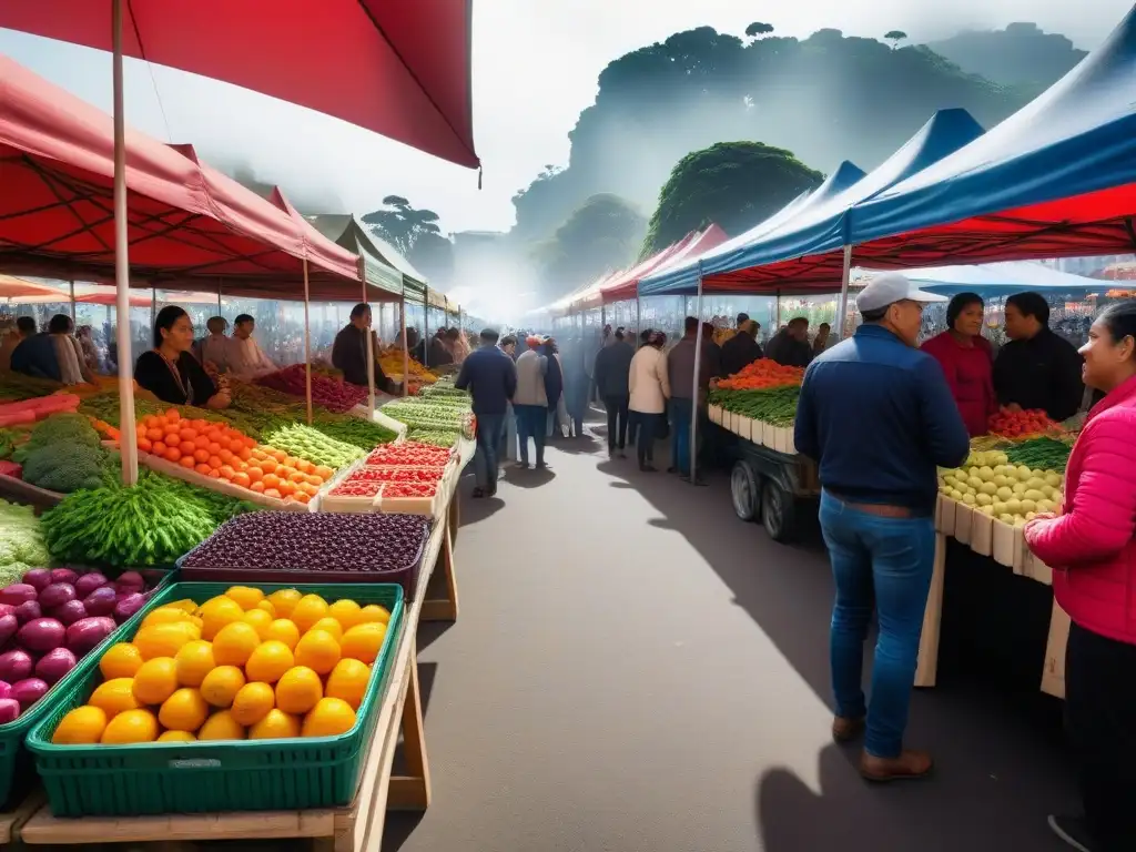 Un mercado vibrante en una ciudad colorida de América Latina, lleno de frutas y verduras frescas