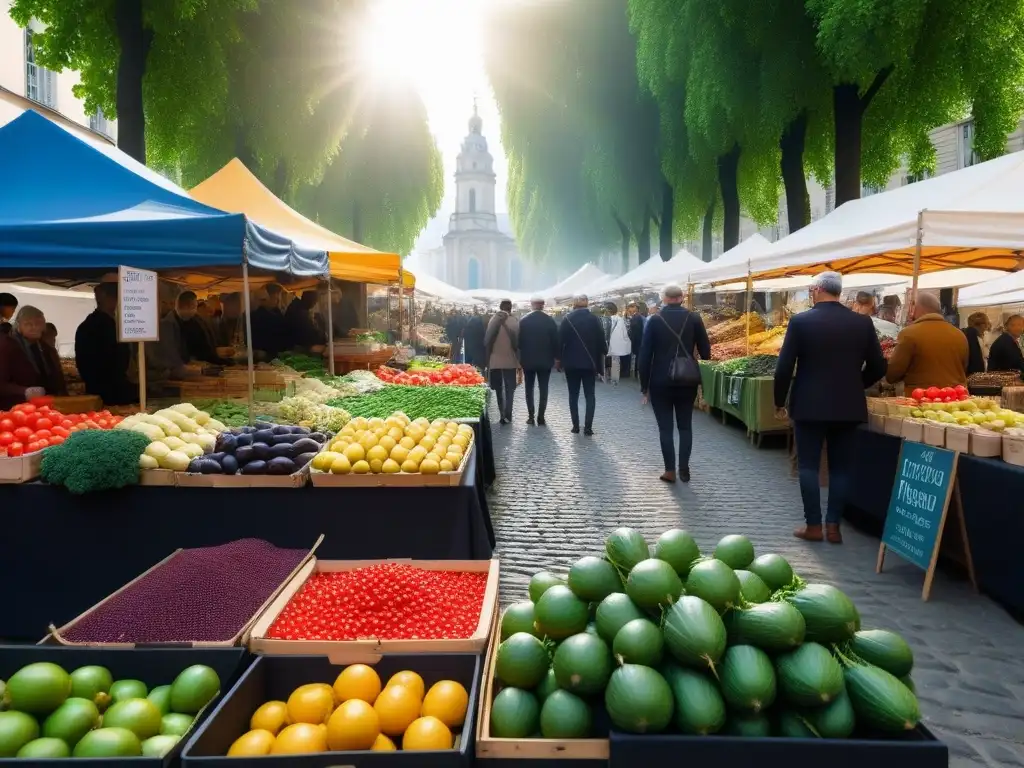 Un mercado vibrante en una ciudad europea, con puestos coloridos de frutas, verduras y productos veganos