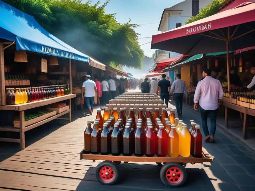 Mercado latino: kombucha artesanal en un entorno vibrante Un mercado vibrante en una ciudad latinoamericana con botellas coloridas de kombucha en un carrito de madera