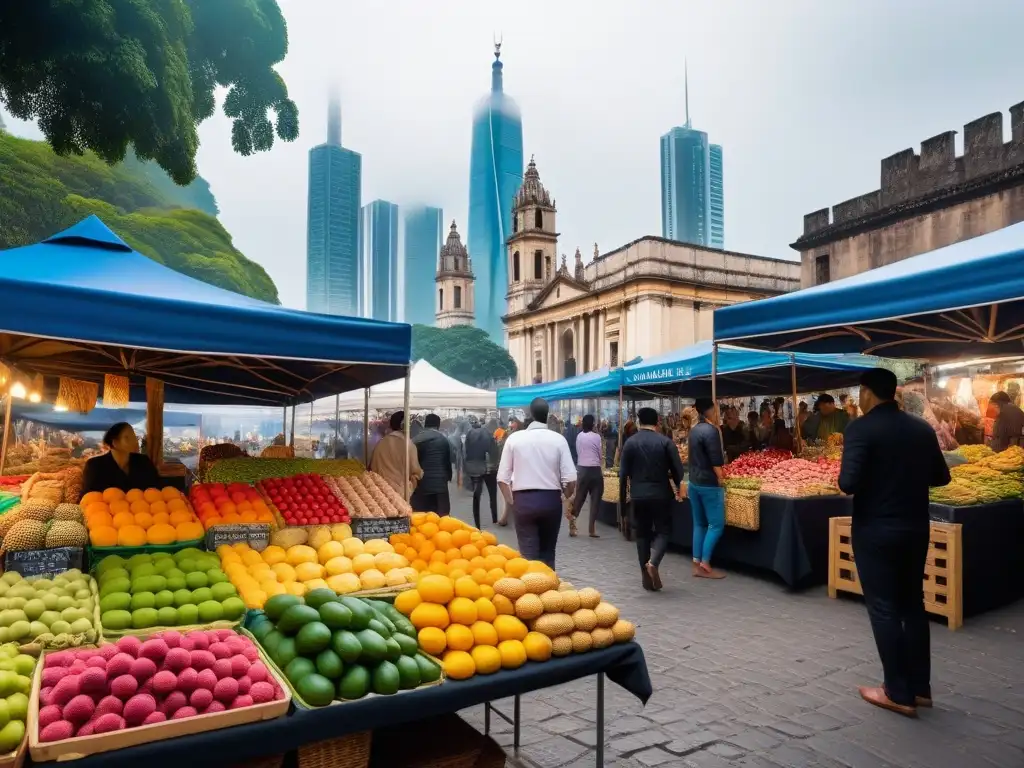 Un mercado vibrante en una ciudad latinoamericana, con puestos de frutas, textiles y dulces veganos del mundo