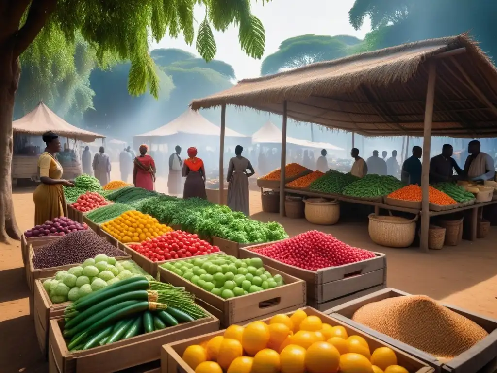 Mercado vibrante en África con cocina vegana tradicional: colores, frutas, mujeres en conversaciones bajo árboles frondosos