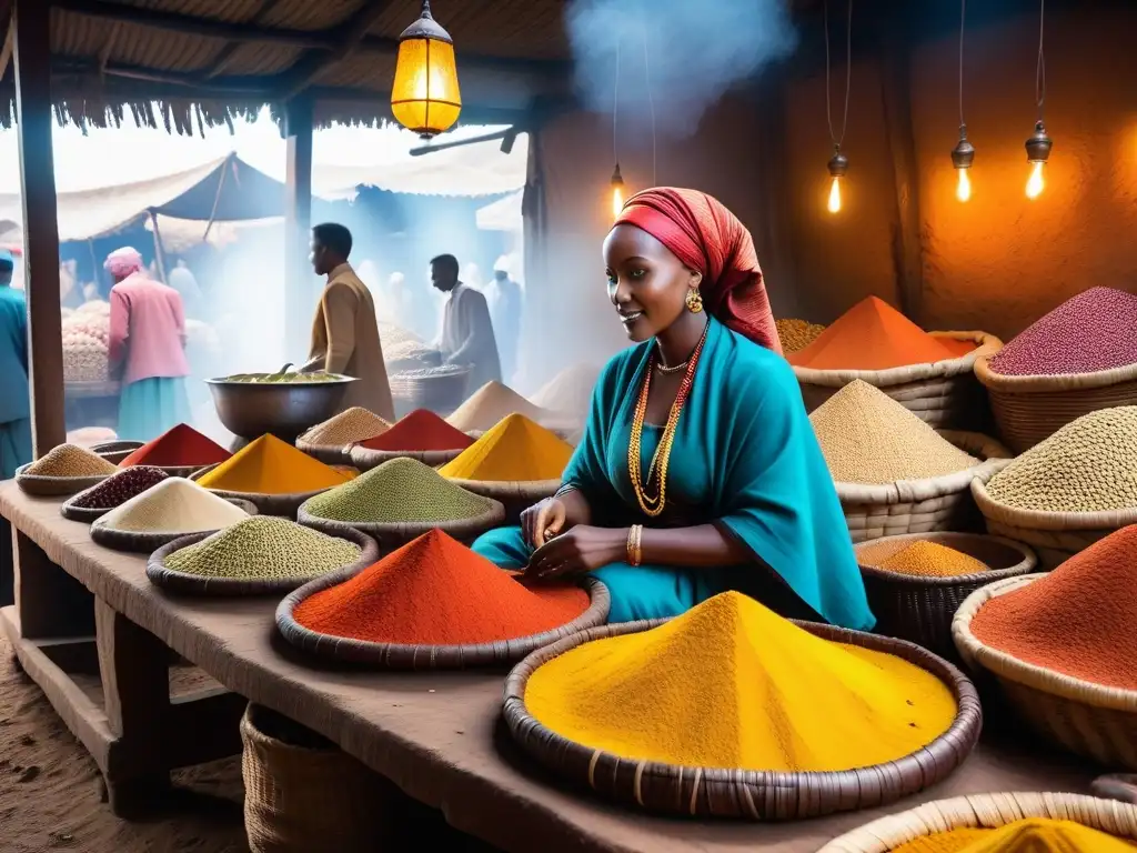 Un mercado etíope vibrante y colorido con especias, frutas frescas y Teff en exhibición