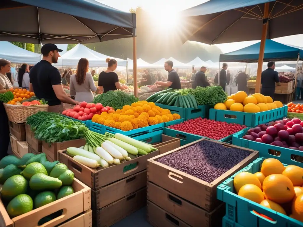 Un mercado agrícola vibrante y colorido con frutas y verduras orgánicas, reflejando frescura y abundancia