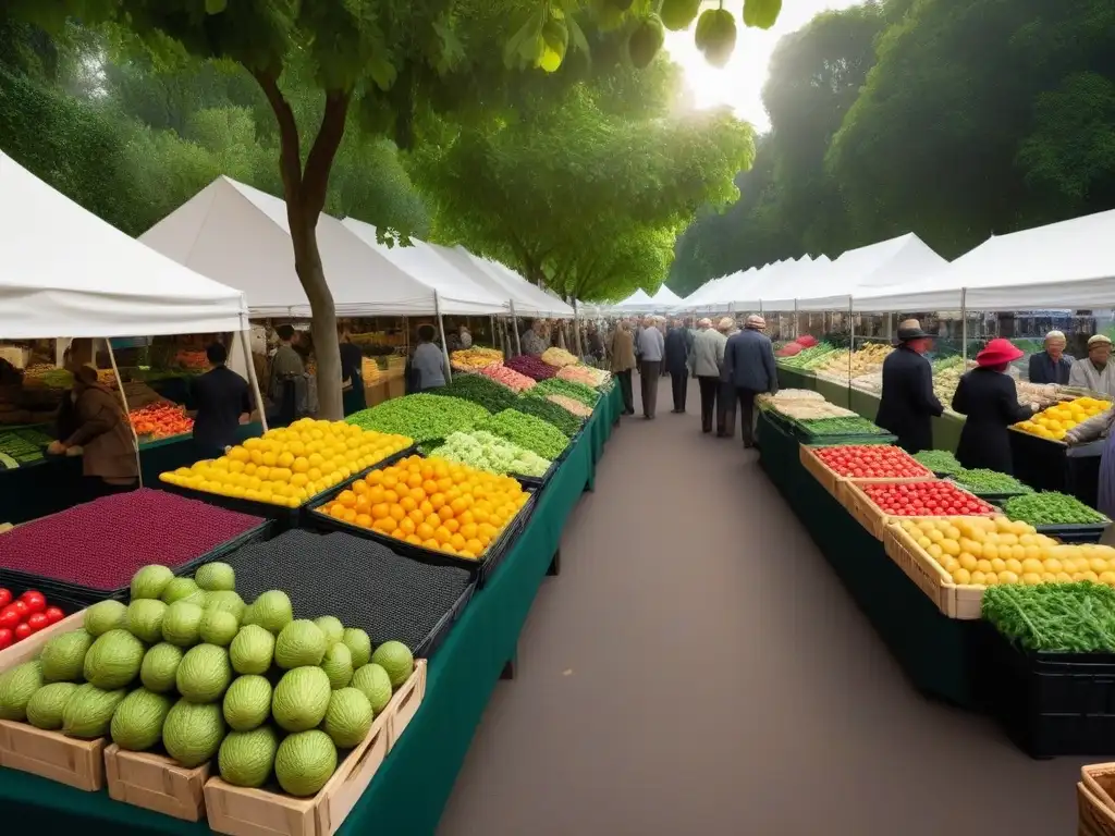 Un mercado vibrante y colorido, lleno de vida y alimentos frescos, reflejando los beneficios de la dieta vegana