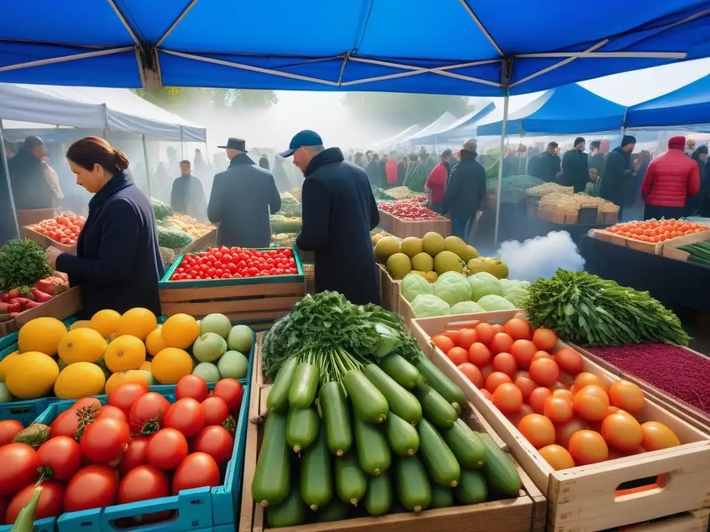 Un mercado agrícola vibrante y colorido con productos frescos, destacando tomates, zanahorias y vegetales, bajo un cielo azul brillante