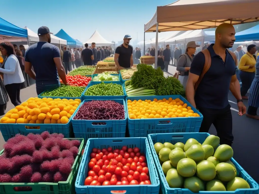 Un mercado vibrante y colorido en la Ruta Vegana Americana Sabores, con frutas y verduras frescas, gente diversa comprando bajo un cielo azul