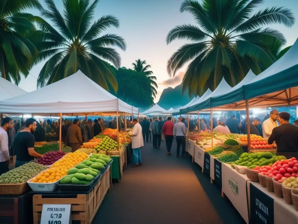 Mercado vegano vibrante en isla tropical de Oceanía Un mercado vibrante de comida vegana en una isla tropical de Oceanía al atardecer