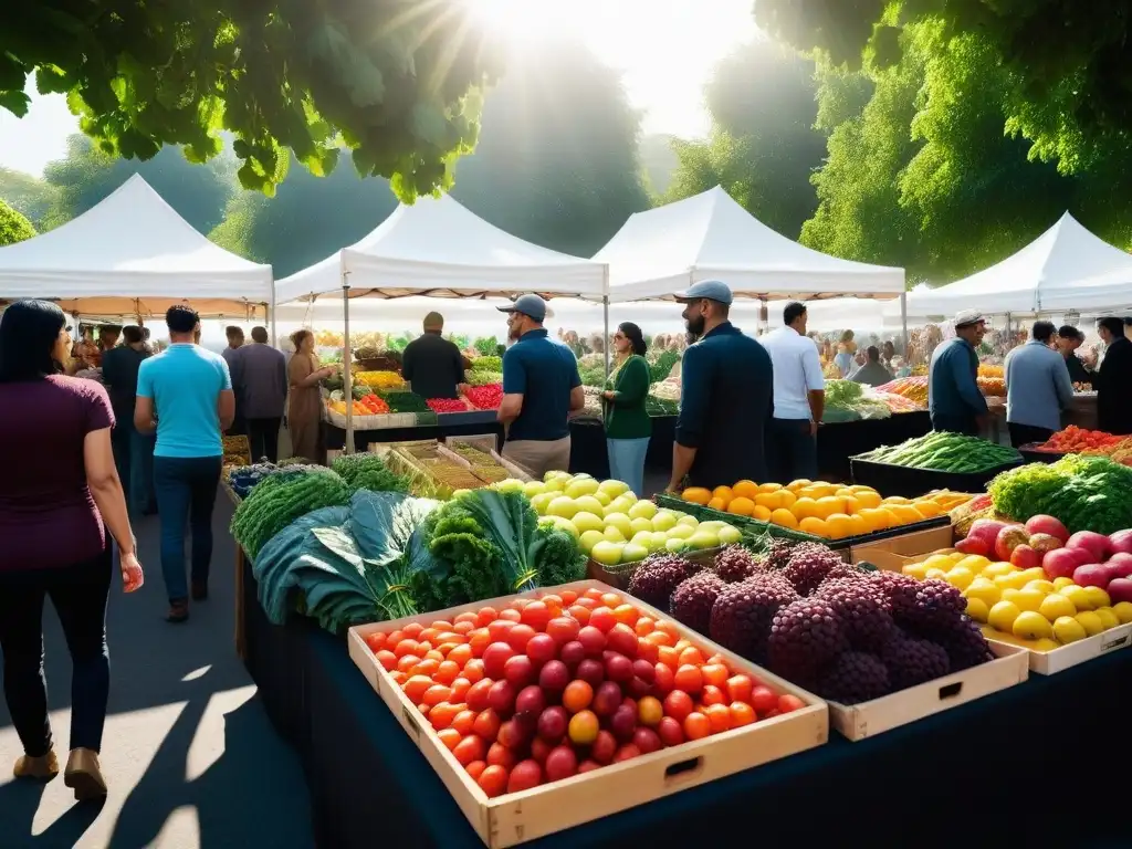 Un mercado agrícola vibrante y concurrido, lleno de frutas y verduras orgánicas coloridas