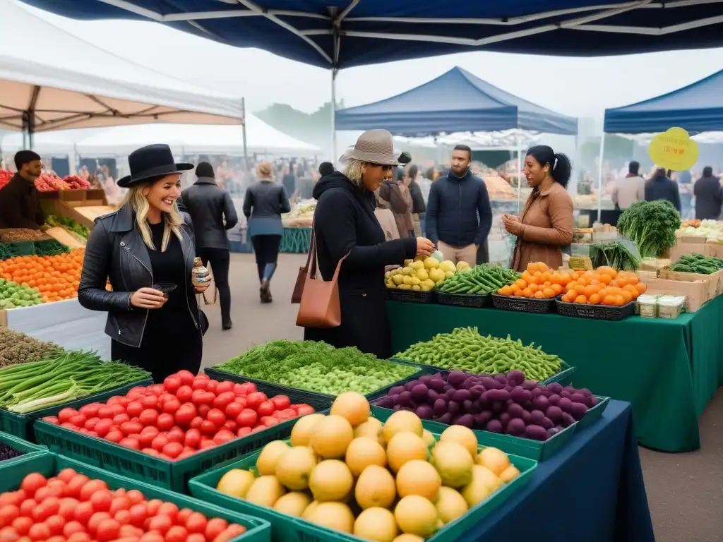 Un mercado vibrante y concurrido, lleno de productos veganos frescos y coloridos, clientes felices y vendedores entusiastas