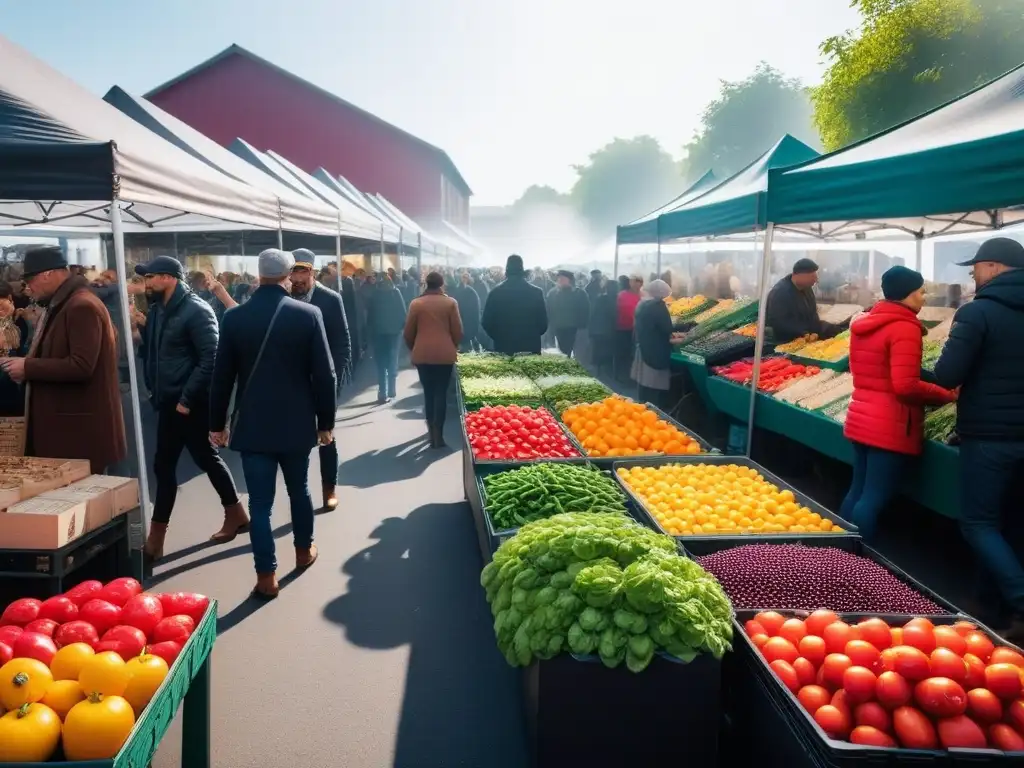 Un mercado vibrante y concurrido lleno de productos orgánicos coloridos, multitudes diversas comprando, con un letrero que dice 'Delicias Veganas'