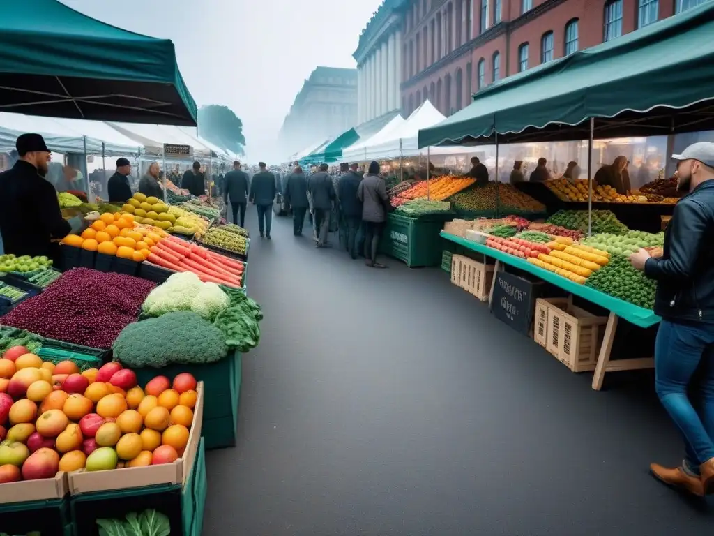 Un mercado agrícola vibrante y detallado con frutas, verduras y productos vegetales coloridos