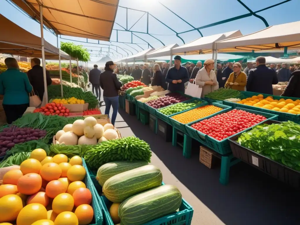 Un mercado agrícola vibrante y detallado, lleno de productos frescos y coloridos, personas diversas comprando felices