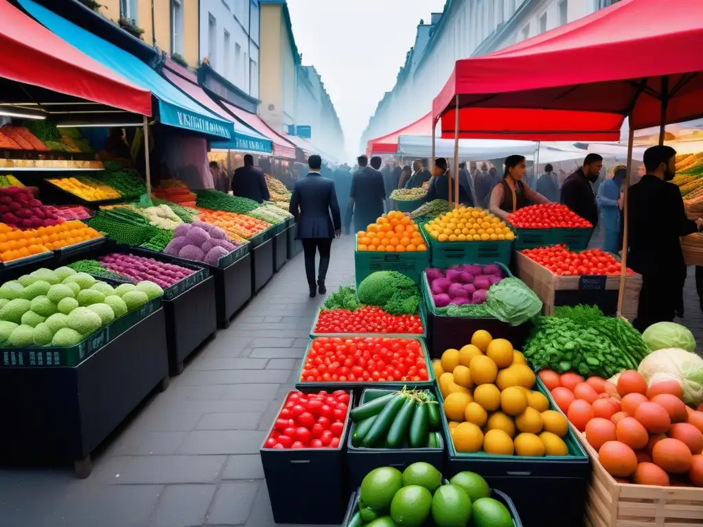 Un mercado vibrante y diverso reflejando el impacto del veganismo en mercado, con coloridos productos y vendedores