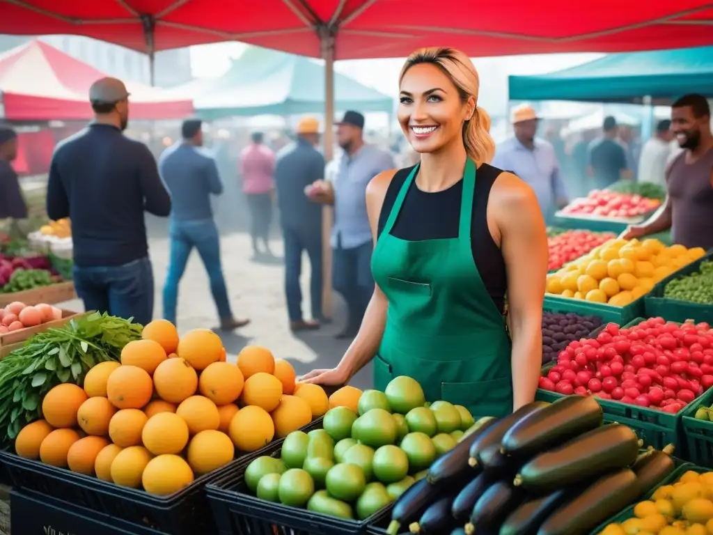 Un mercado agrícola vibrante y diverso, lleno de frutas y verduras frescas y coloridas, promoviendo la dieta basada en plantas sostenible