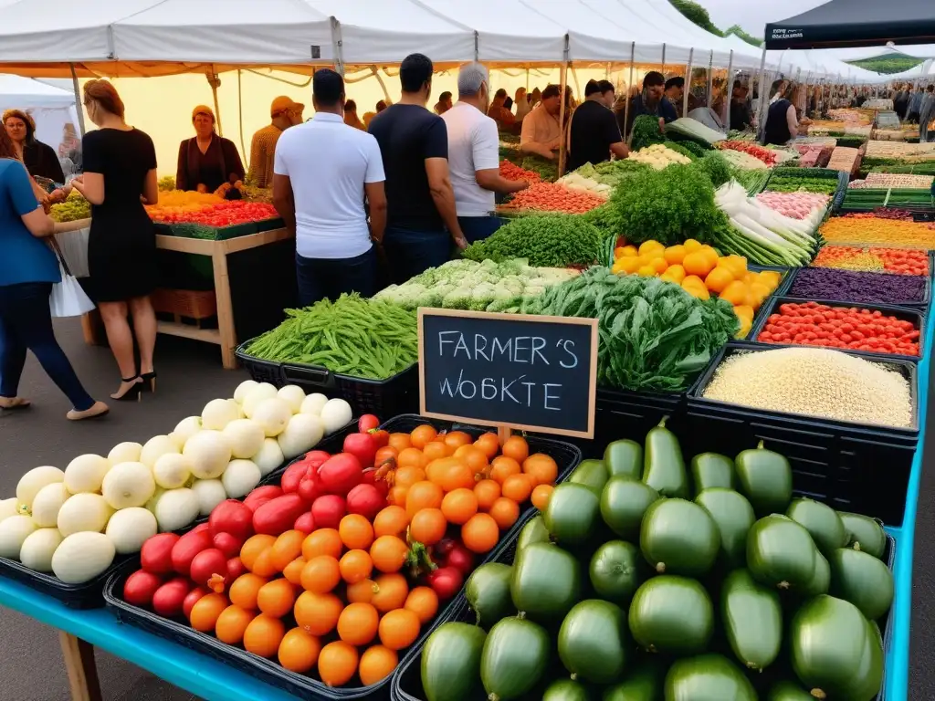 Un mercado vibrante y diverso, lleno de productos frescos y coloridos