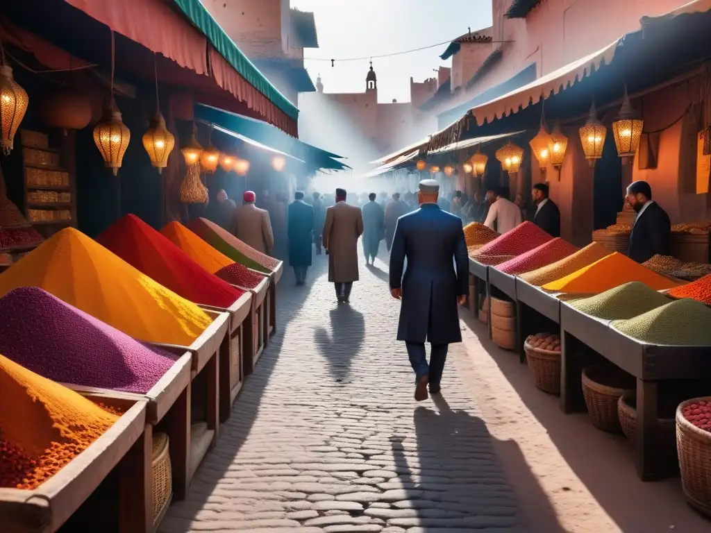 Un mercado vibrante en Marrakech con especias coloridas y locales en trajes tradicionales