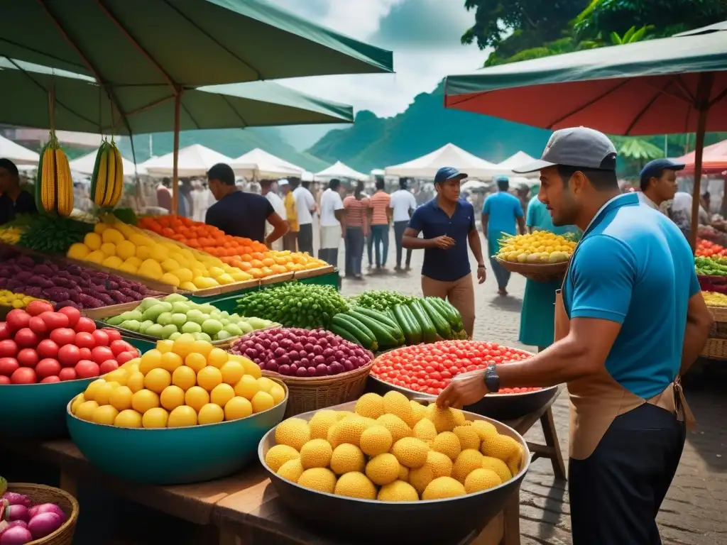 Un mercado vibrante en Brasil con frutas y verduras coloridas, reflejo de la cocina vegana brasileña