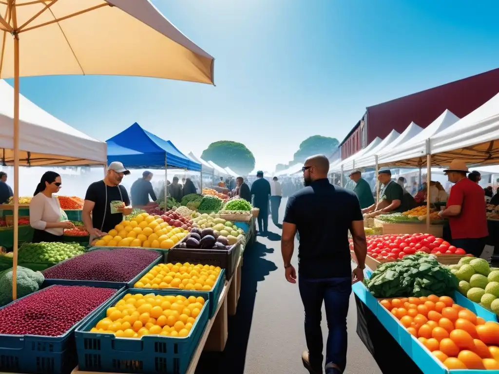 Mercado vibrante con frutas y verduras coloridas: prevención déficit yodo en dieta vegana