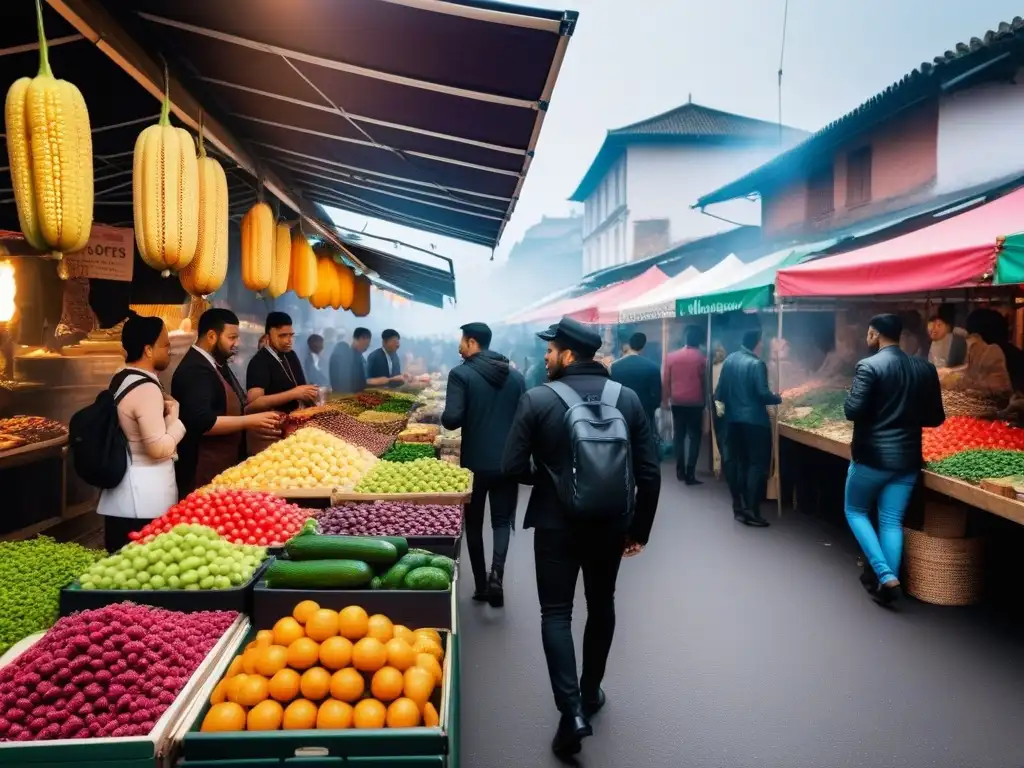 Mercado vibrante con frutas y verduras coloridas