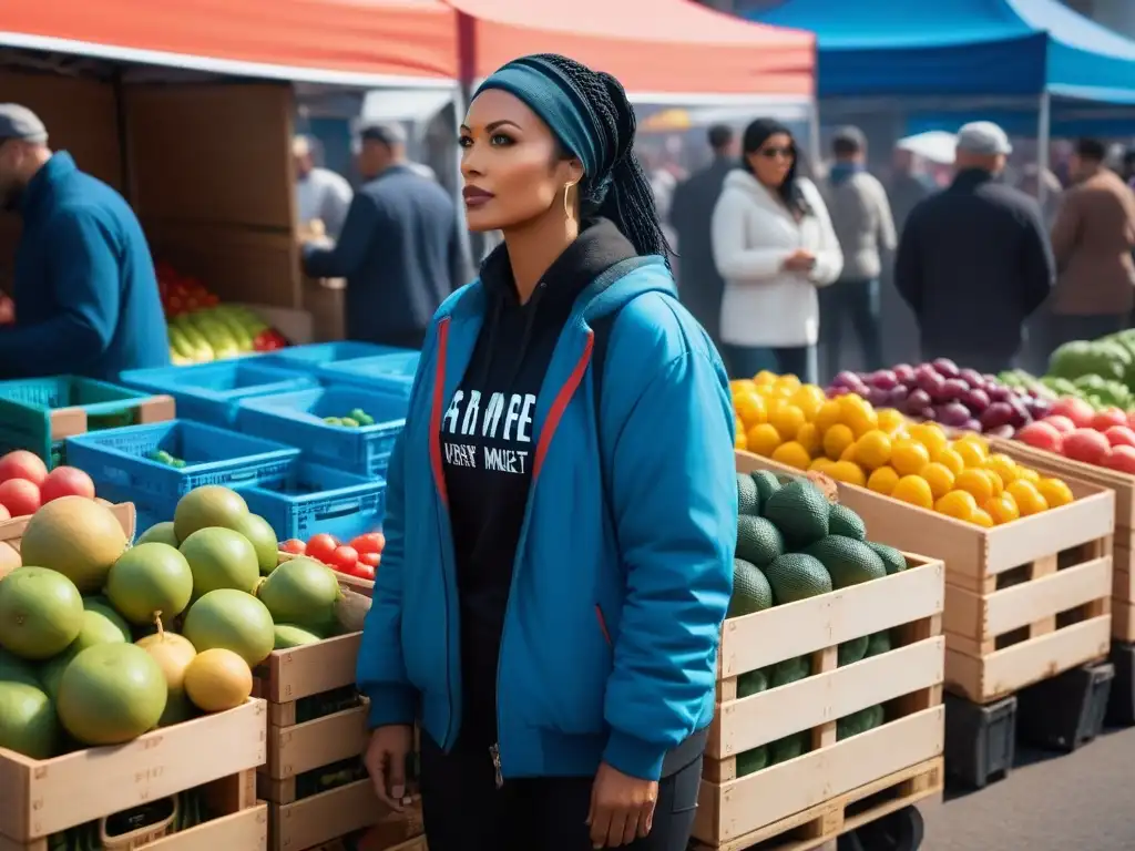 Un mercado vibrante con frutas y verduras orgánicas, promoviendo el estilo de vida sostenible y la cocina vegana