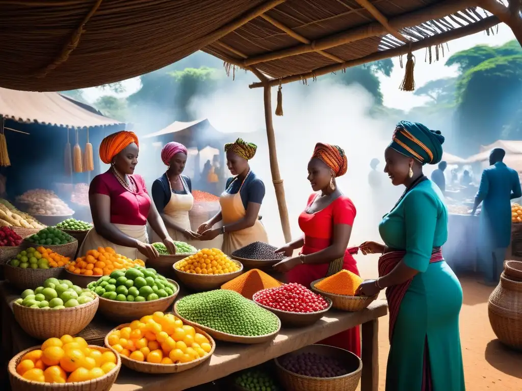 Un mercado vibrante en África con frutas, verduras y especias coloridas, reflejando la cocina vegana tradicional en África