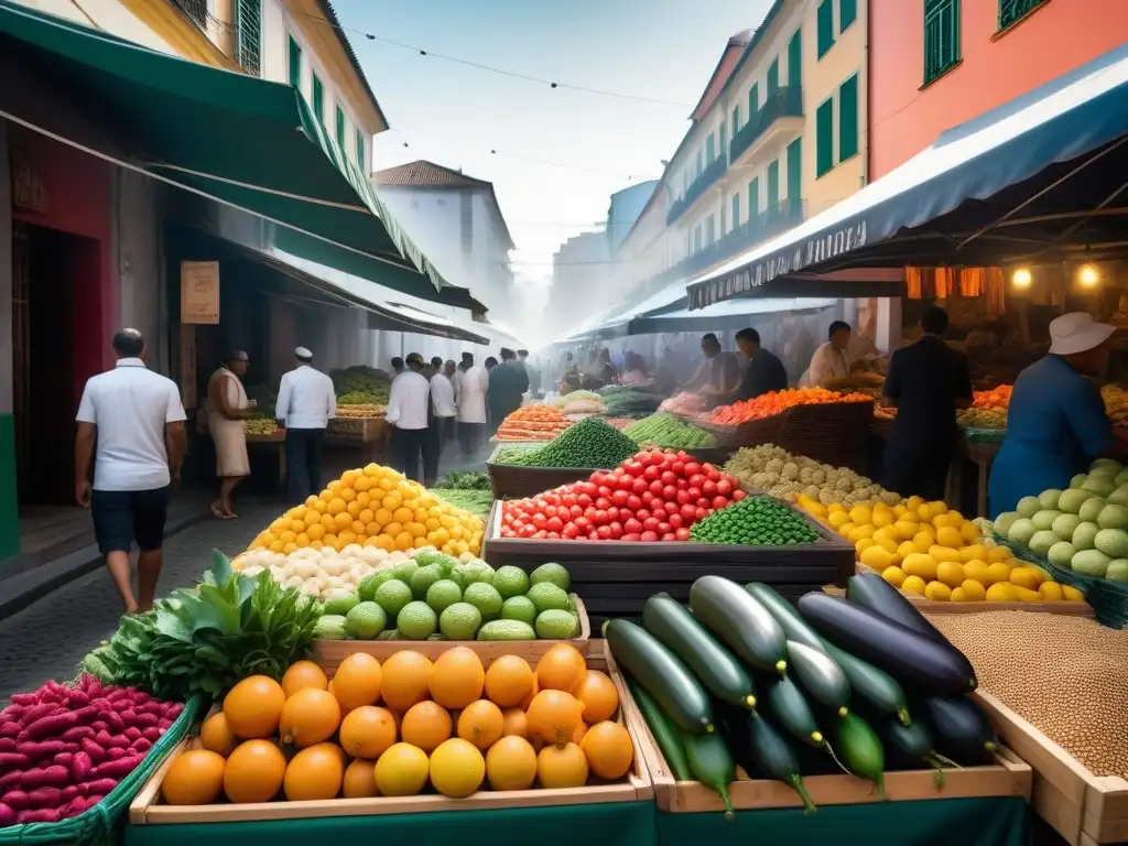 Un mercado vibrante en Brasil con frutas y verduras exóticas, en un ambiente cálido y colorido