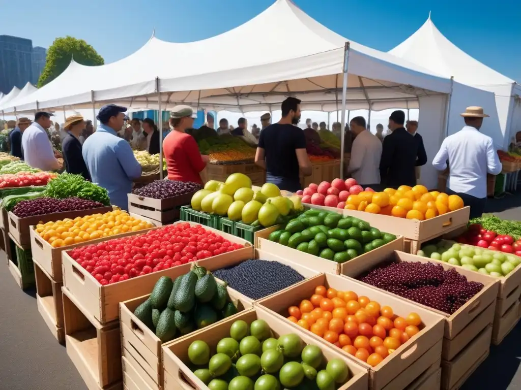 Un mercado agrícola vibrante con frutas y verduras orgánicas coloridas, clientes felices y vendedores sonrientes