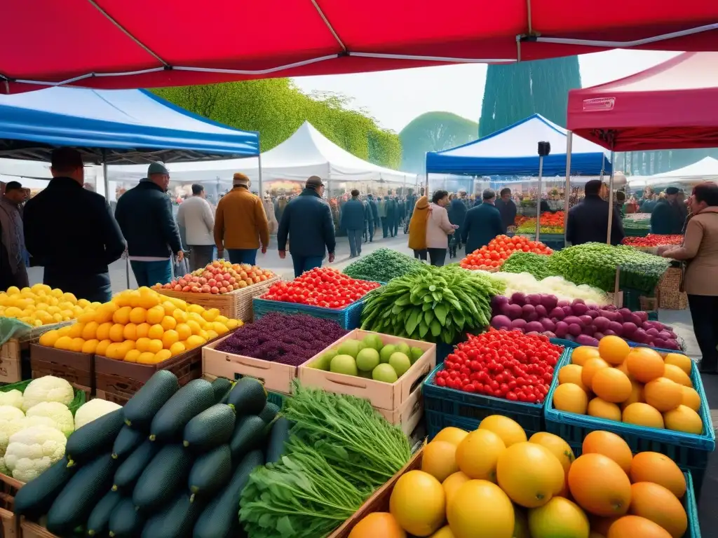 Un mercado vibrante con frutas y verduras coloridas bajo un toldo de flores frescas, compradores diversos inspeccionan con interés