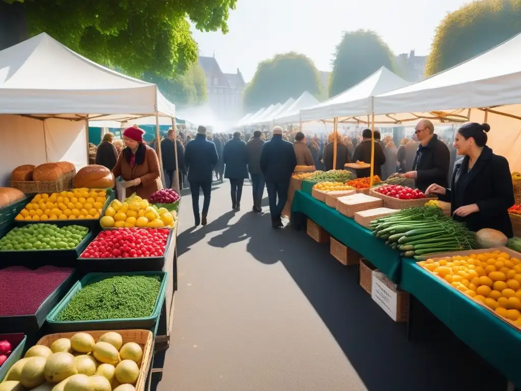 Un mercado vibrante con frutas y verduras orgánicas, pan recién horneado y delicias veganas