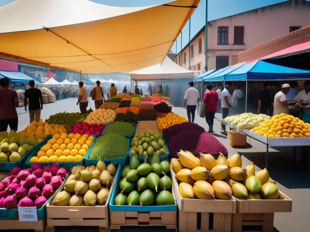 Un mercado vibrante con frutas y verduras exóticas bajo el sol dorado