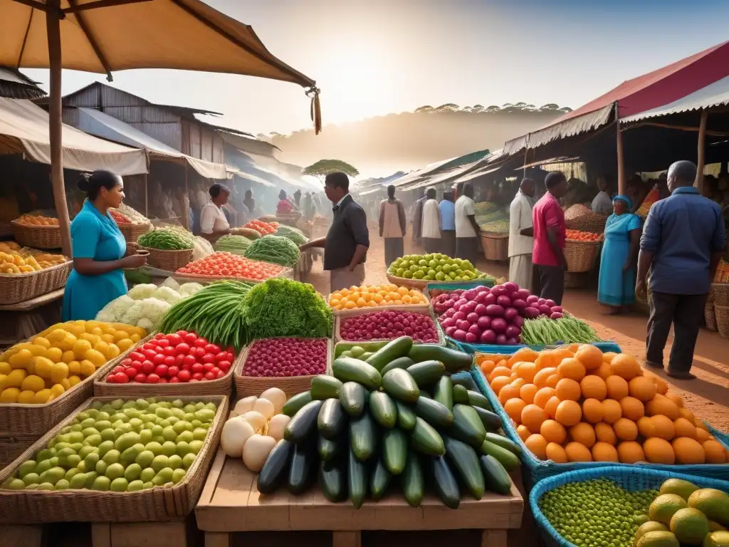 Un mercado vibrante en Madagascar con frutas y verduras frescas, mostrando la cultura culinaria vegana