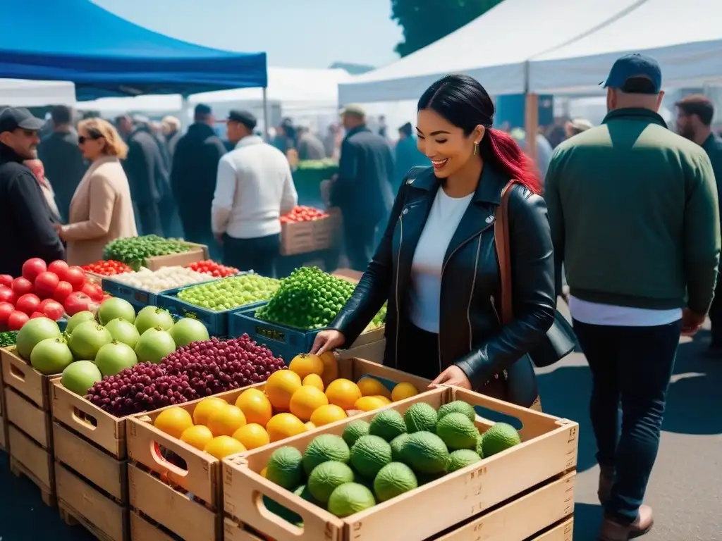 Un mercado vibrante con frutas y verduras orgánicas coloridas, clientes felices y vendedores sonrientes