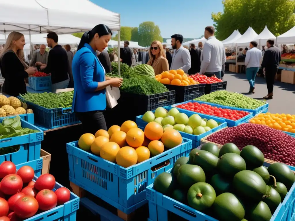 Mercado agrícola vibrante: diversidad de frutas y verduras orgánicas bajo cielo azul Un mercado vibrante con frutas y verduras orgánicas, diversidad y comunión