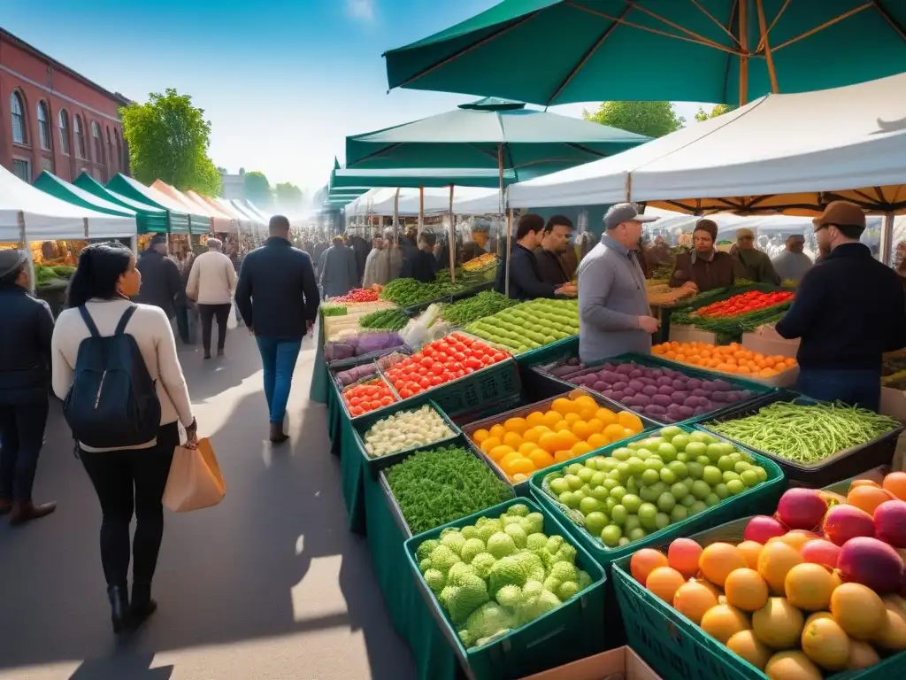 Un mercado vibrante con gente diversa inspeccionando productos frescos y coloridos