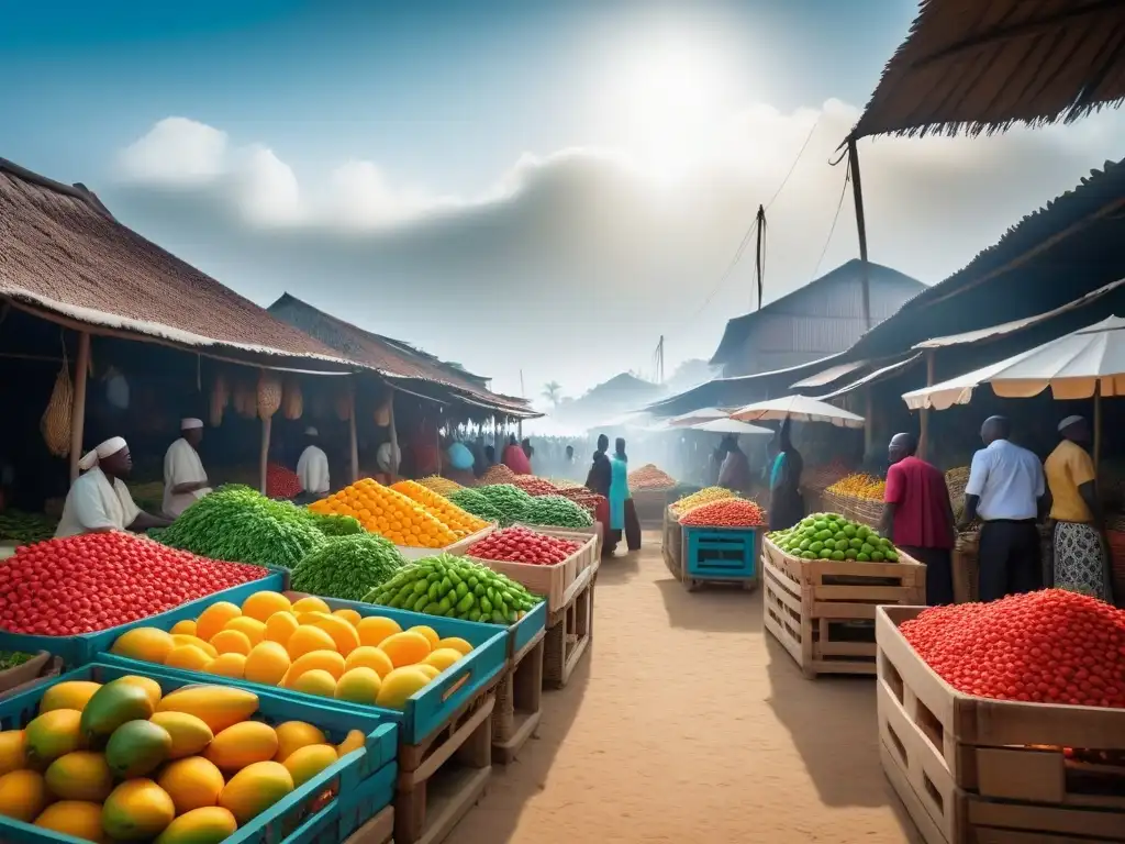 Un mercado vibrante en Zanzíbar con ingredientes frescos y coloridos, ideal para recetas veganas cocina swahili