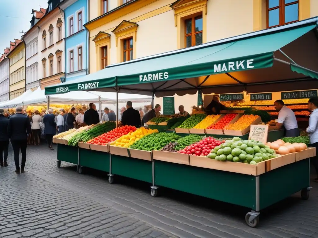 Un mercado vibrante en Praga con ingredientes veganos checos tradicionales