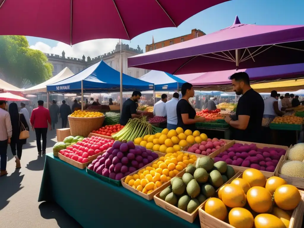 Un mercado agrícola vibrante con ingredientes veganos exóticos de todo el mundo