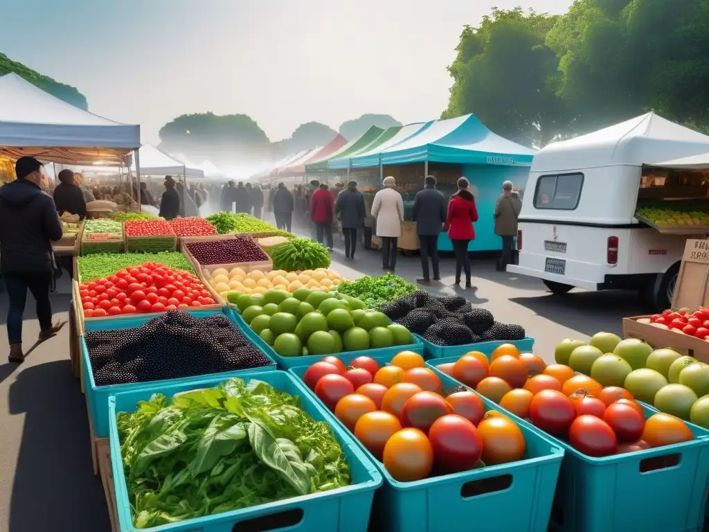 Un mercado agrícola vibrante, lleno de colores y productos frescos, con un camión de comida vegana