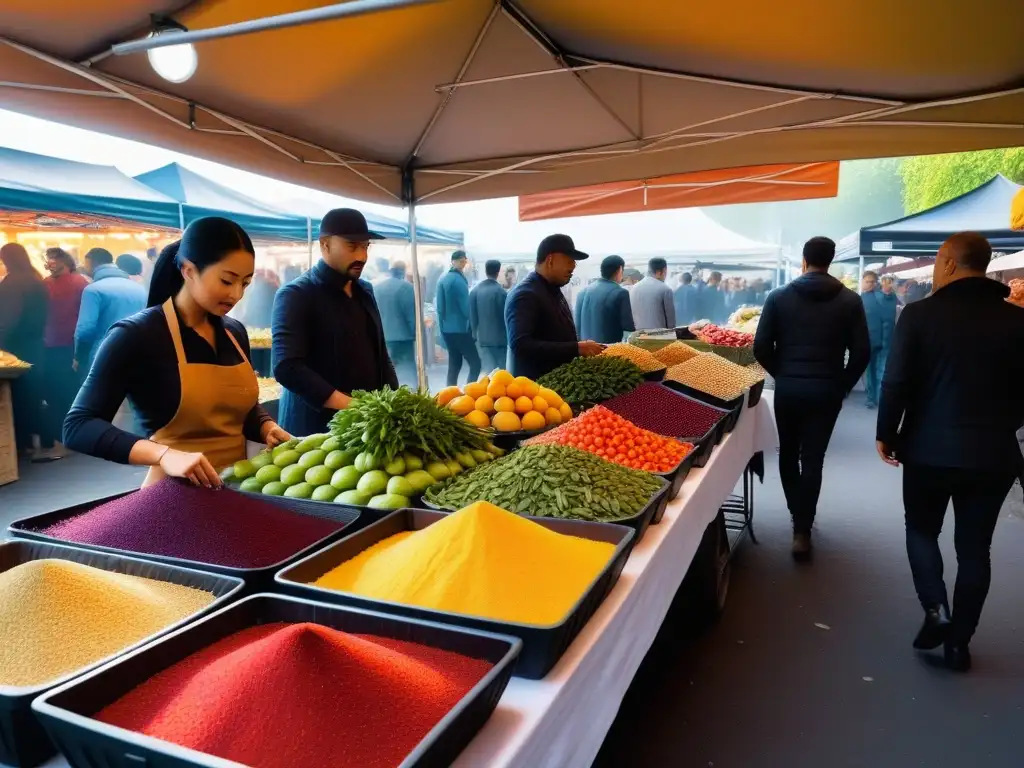 Un mercado vibrante lleno de ingredientes mágicos para cocina vegana en una escena llena de color y vida