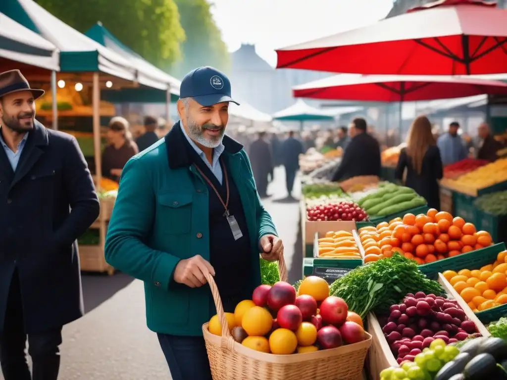 Un mercado agrícola vibrante lleno de productos veganos frescos y coloridos, reflejando las tendencias en consumo de productos veganos