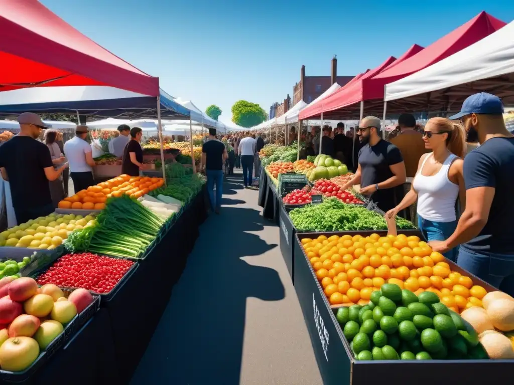 Un mercado agrícola vibrante lleno de productos veganos, bajo un cielo azul brillante