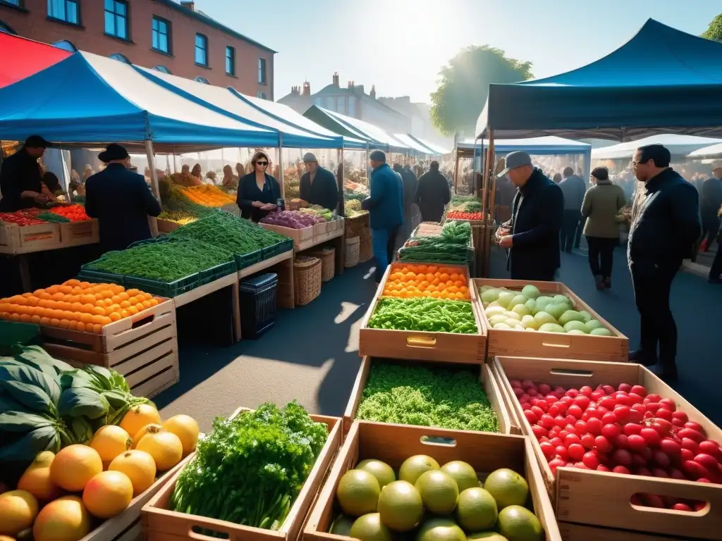 Un mercado agrícola vibrante lleno de vida, colores y productos orgánicos, reflejando un estilo de vida vegano