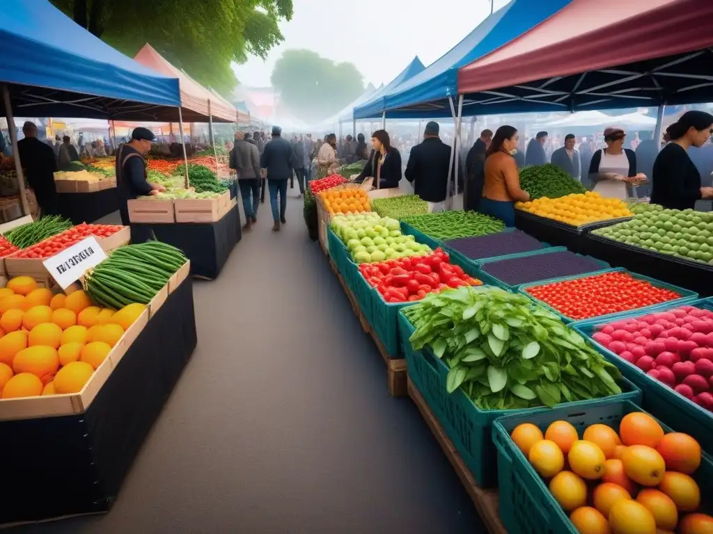 Un mercado agrícola vibrante y moderno, lleno de productos frescos y coloridos, reflejando la sostenibilidad en gastronomía vegana